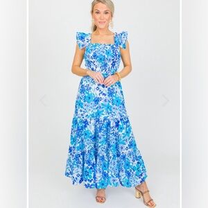 100% Cotton Smocked Bodice Floral Blue Maxi Dress
